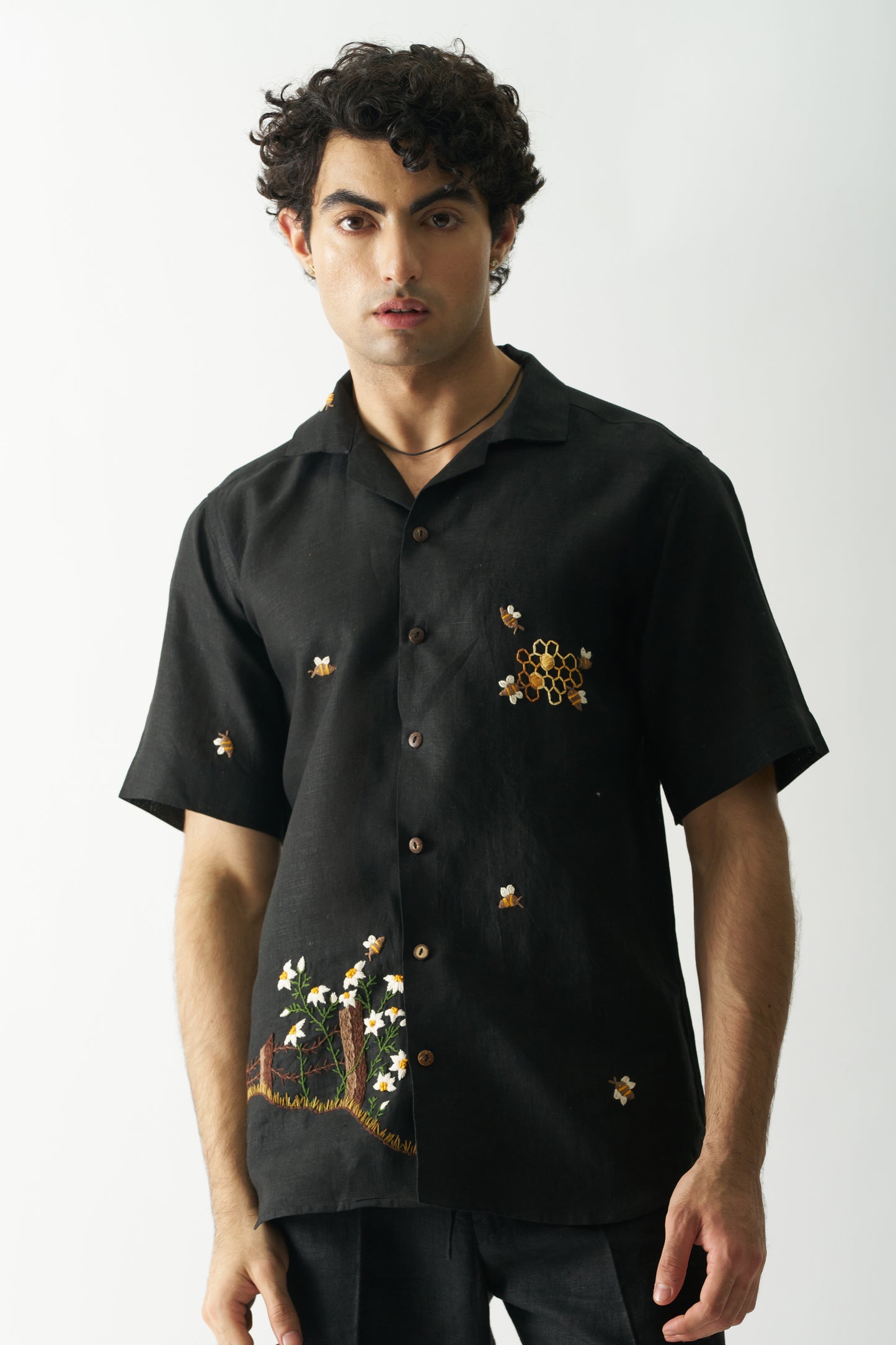 π Buzzing Bees β Hand Embroidered Unisex Pure Linen Shirt