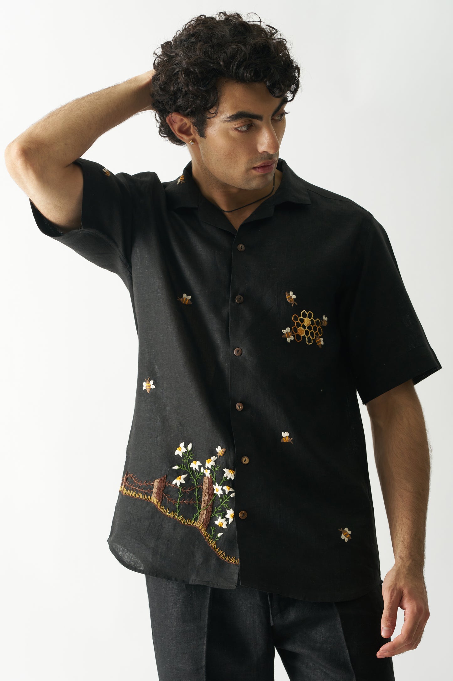 π Buzzing Bees β Hand Embroidered Unisex Pure Linen Shirt