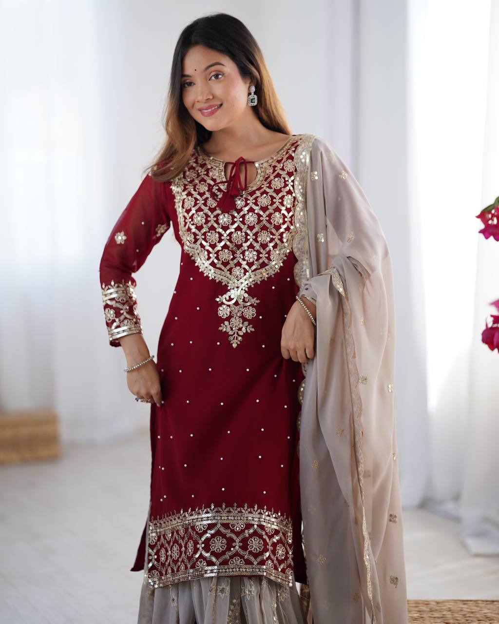 Designer Faux Georgette Party Wear Set (Top, Sharara Palazzo & Dupatta)