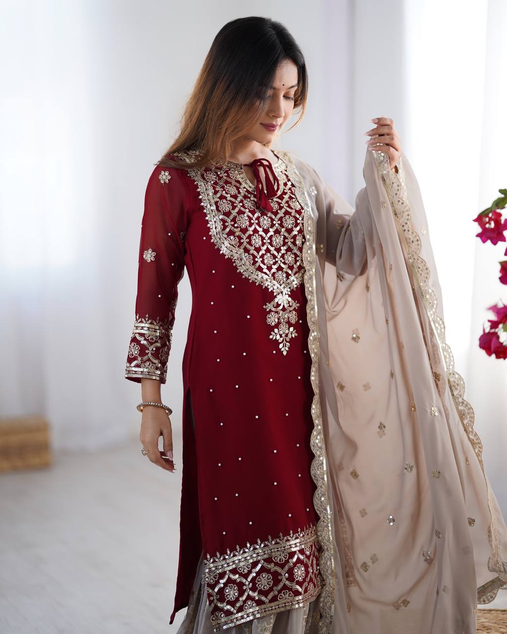 Designer Faux Georgette Party Wear Set (Top, Sharara Palazzo & Dupatta)