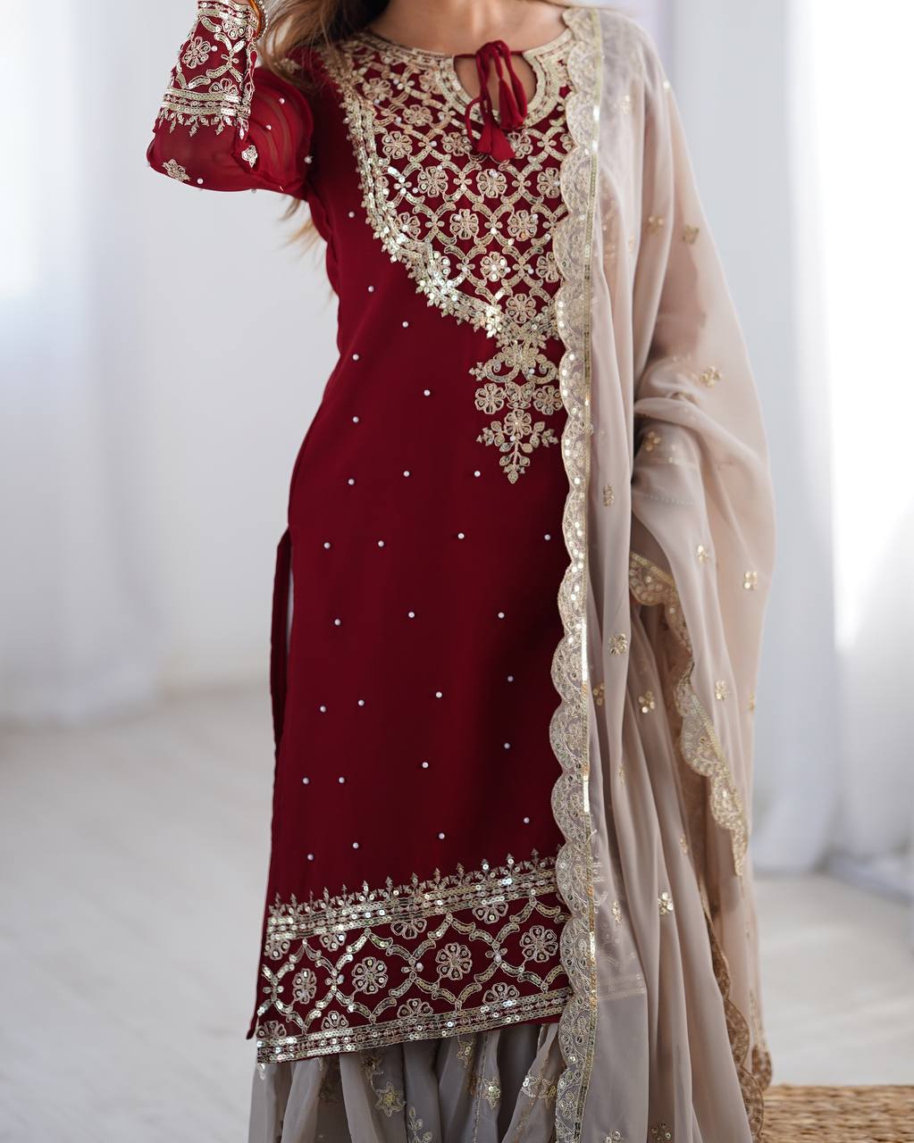 Designer Faux Georgette Party Wear Set (Top, Sharara Palazzo & Dupatta)