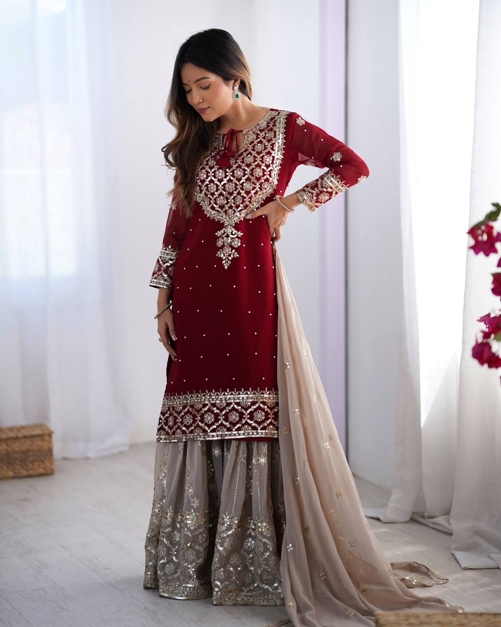 Designer Faux Georgette Party Wear Set (Top, Sharara Palazzo & Dupatta)