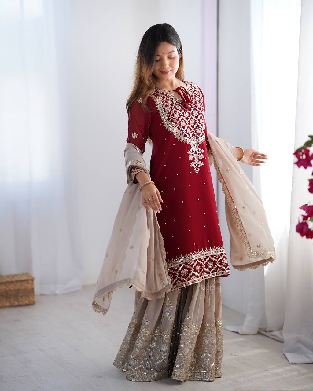 Designer Faux Georgette Party Wear Set (Top, Sharara Palazzo & Dupatta)