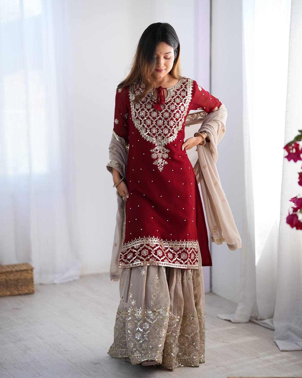 Designer Faux Georgette Party Wear Set (Top, Sharara Palazzo & Dupatta)