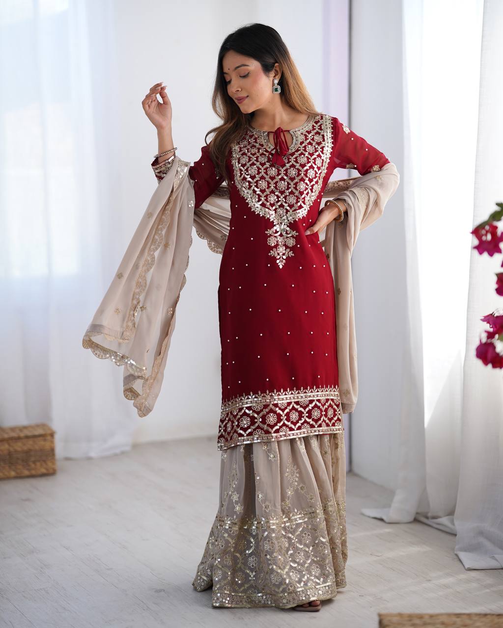 Designer Faux Georgette Party Wear Set (Top, Sharara Palazzo & Dupatta)