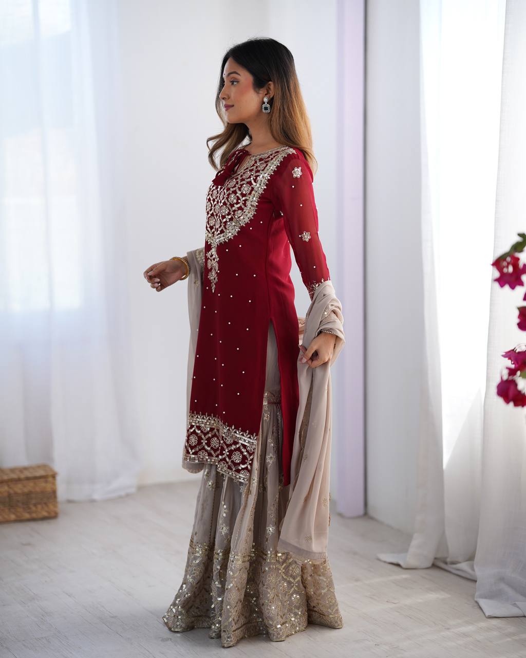 Designer Faux Georgette Party Wear Set (Top, Sharara Palazzo & Dupatta)