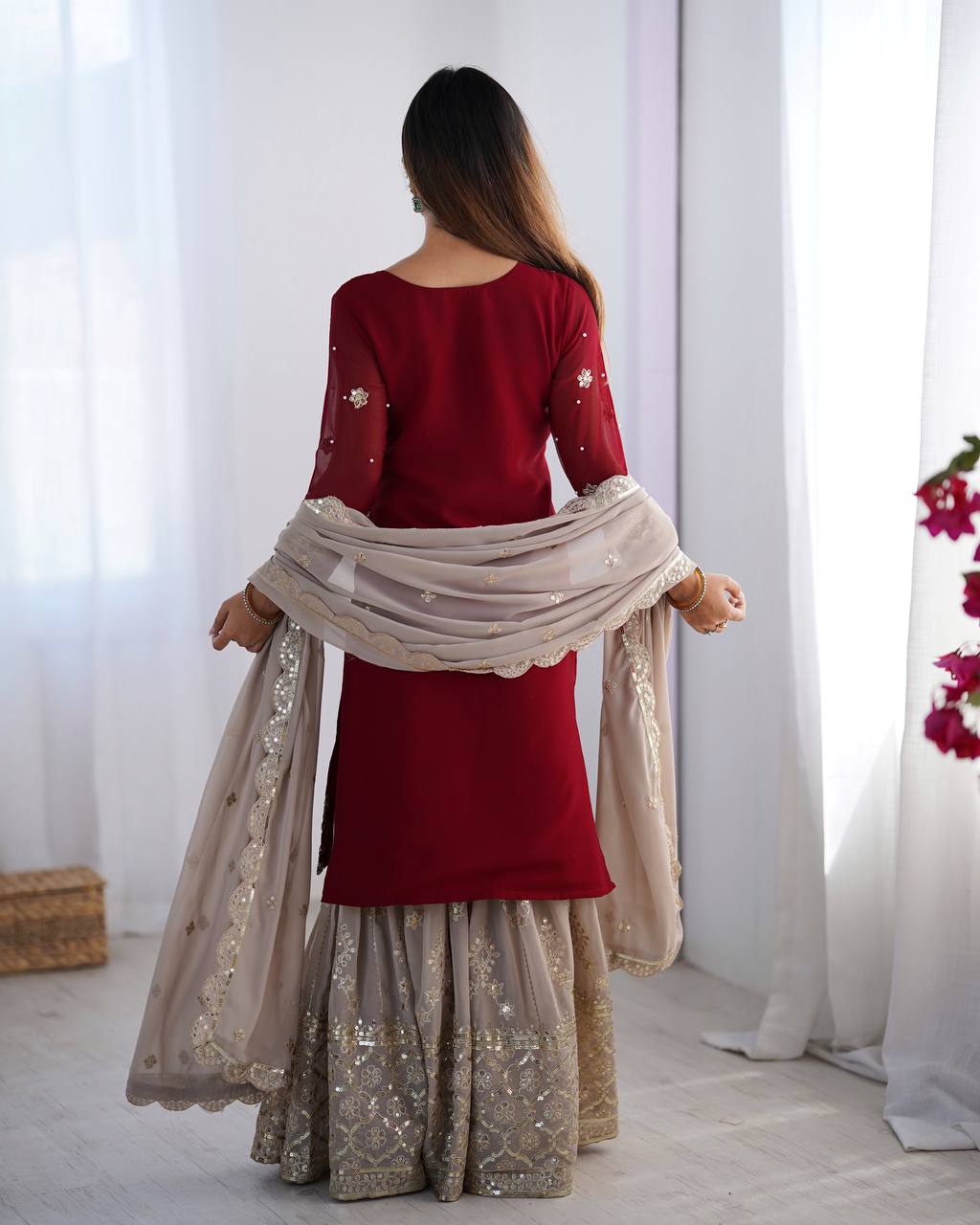 Designer Faux Georgette Party Wear Set (Top, Sharara Palazzo & Dupatta)