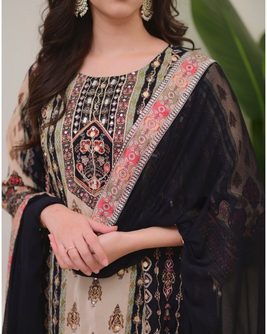 Jaypuri Designer Printed Model Satin Set with Mirror & Moti Lace Work