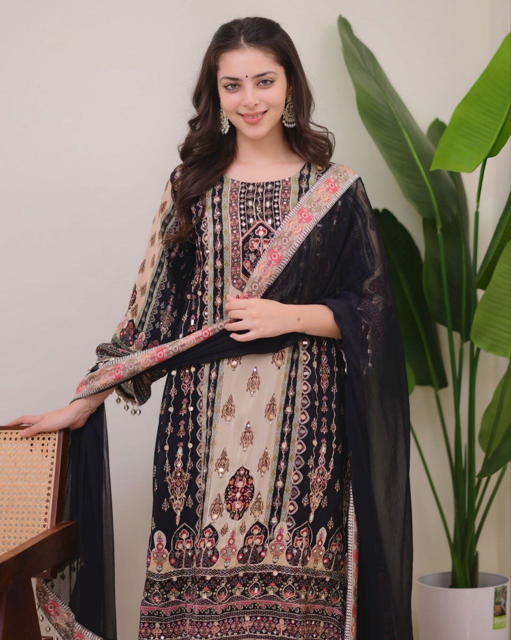 Jaypuri Designer Printed Model Satin Set with Mirror & Moti Lace Work