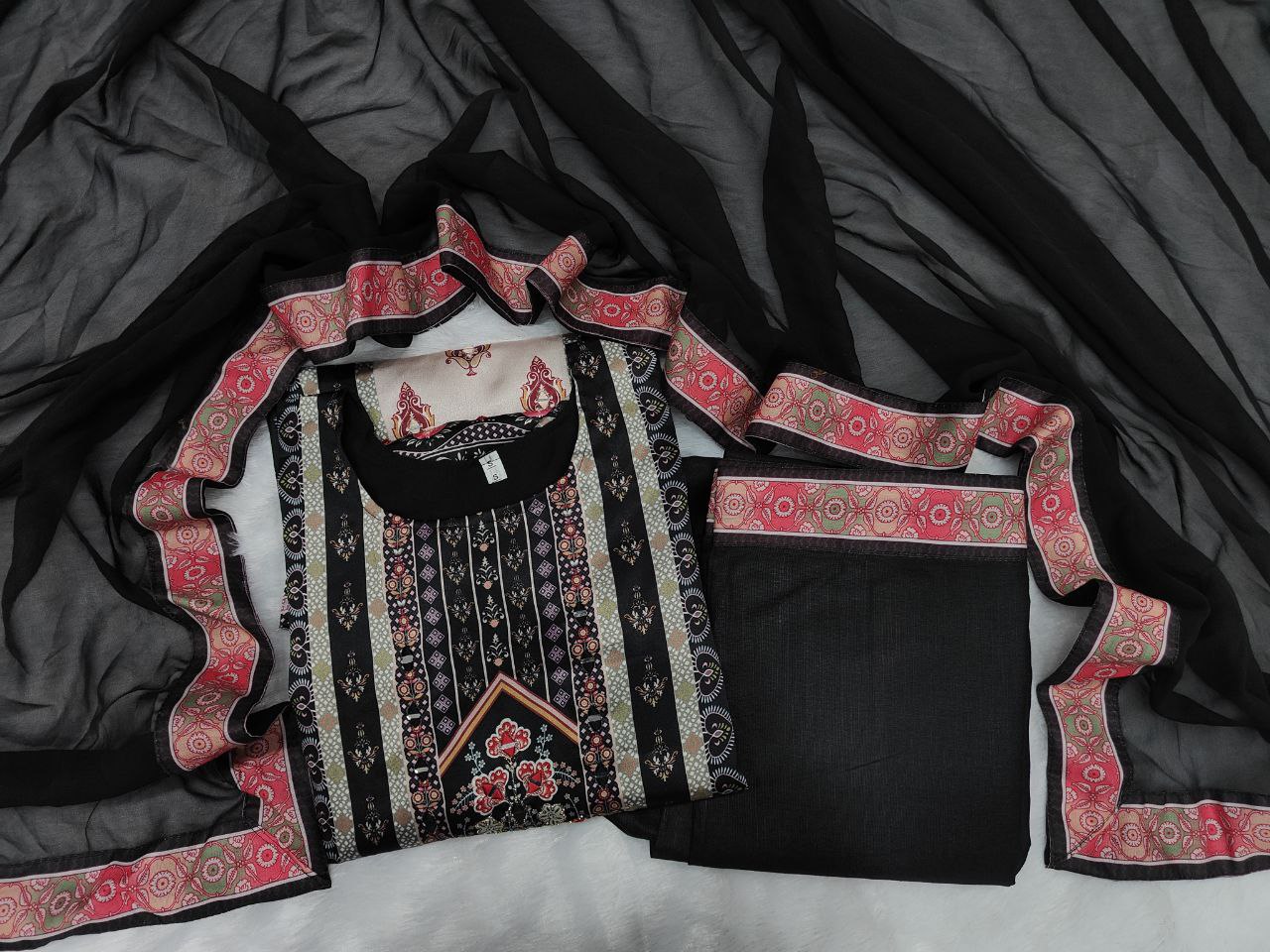 Jaypuri Designer Printed Model Satin Set with Mirror & Moti Lace Work