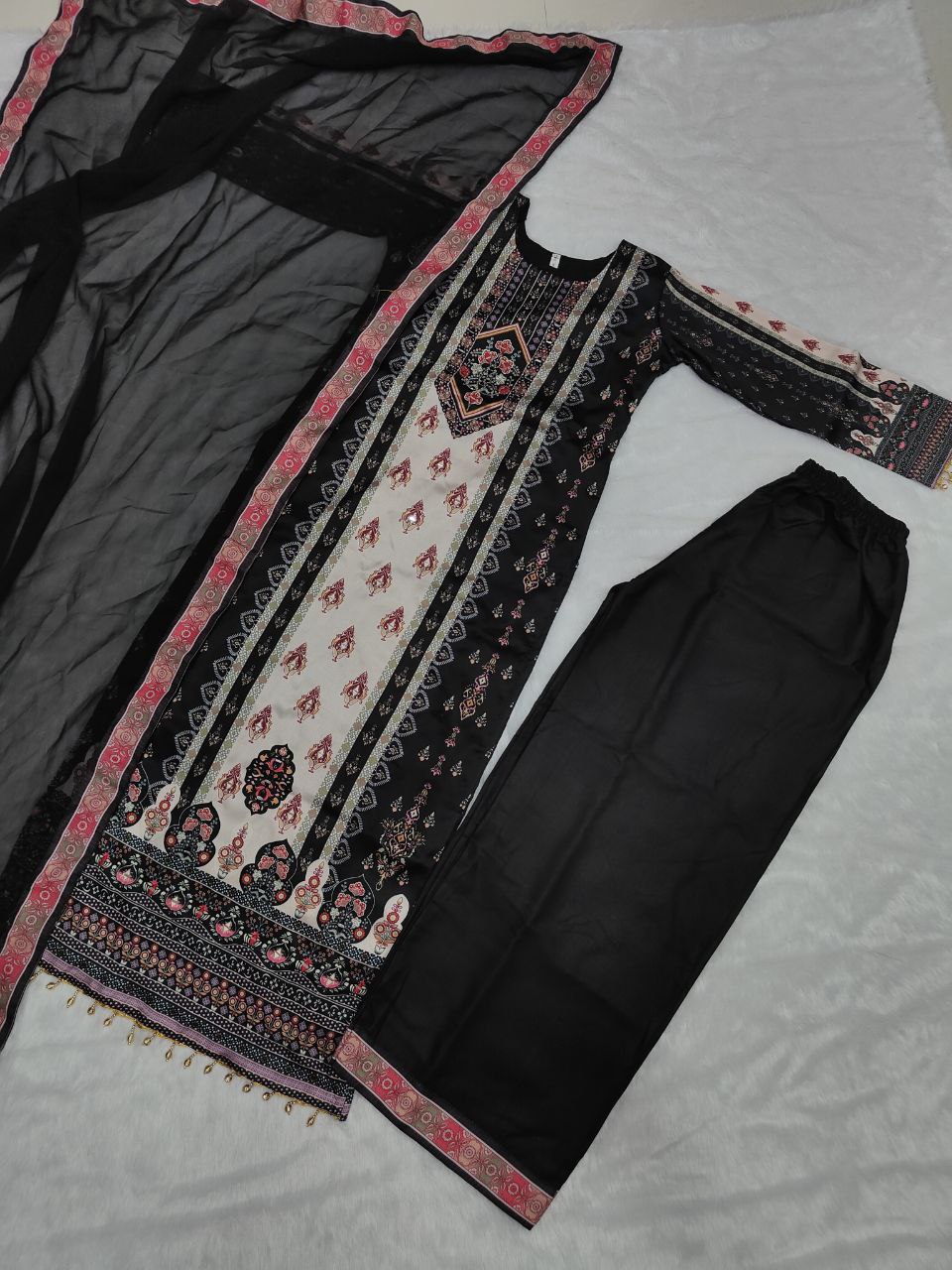 Jaypuri Designer Printed Model Satin Set with Mirror & Moti Lace Work