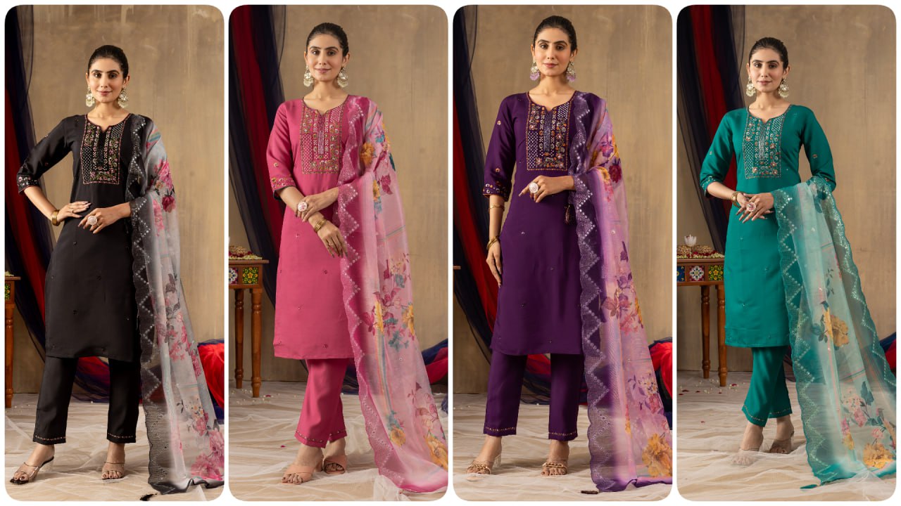 Elegant Embroidered Straight Kurti Pant Dupatta Set – GE04-03 | 4 Classic Colors