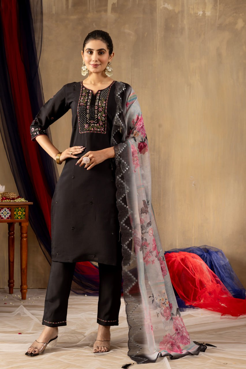 Elegant Embroidered Straight Kurti Pant Dupatta Set – GE04-03 | 4 Classic Colors