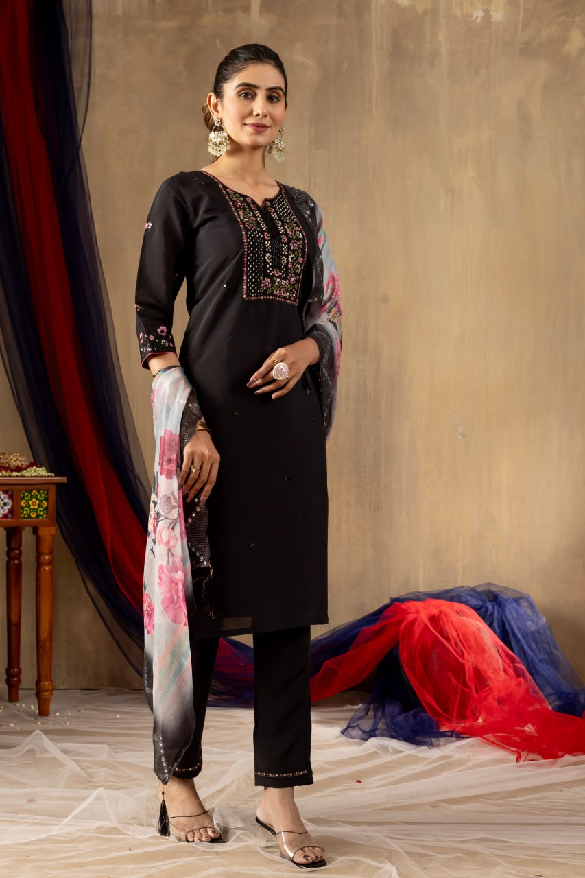 Elegant Embroidered Straight Kurti Pant Dupatta Set – GE04-03 | 4 Classic Colors