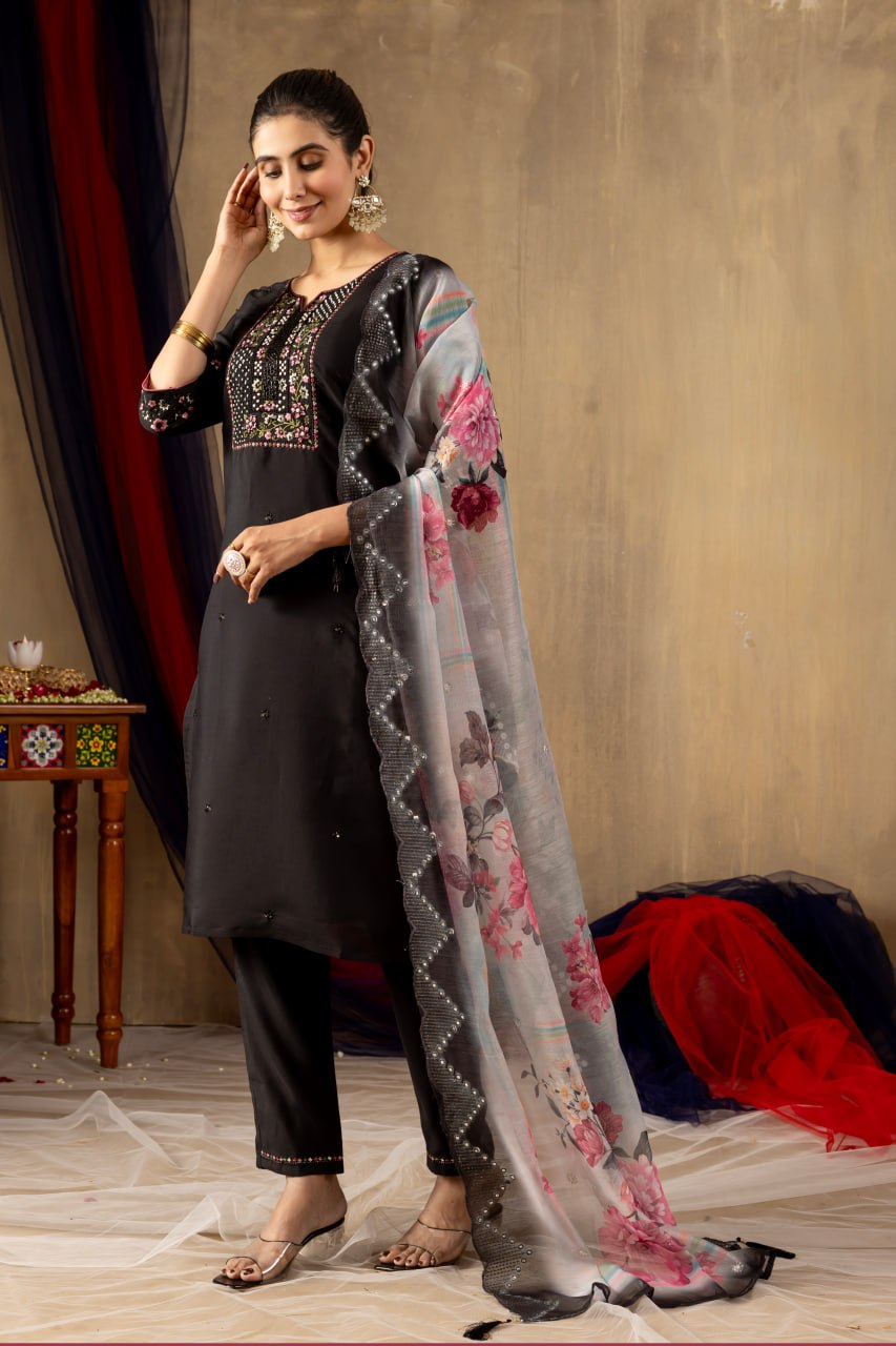 Elegant Embroidered Straight Kurti Pant Dupatta Set – GE04-03 | 4 Classic Colors