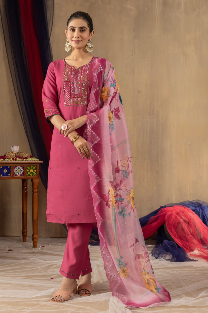 Elegant Embroidered Straight Kurti Pant Dupatta Set – GE04-03 | 4 Classic Colors