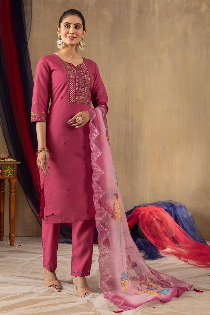 Elegant Embroidered Straight Kurti Pant Dupatta Set – GE04-03 | 4 Classic Colors
