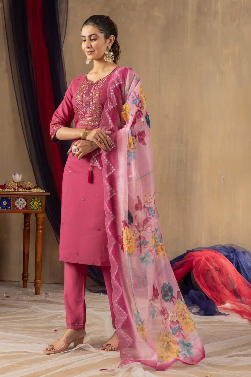 Elegant Embroidered Straight Kurti Pant Dupatta Set – GE04-03 | 4 Classic Colors