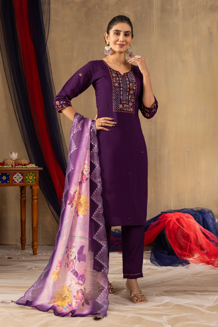 Elegant Embroidered Straight Kurti Pant Dupatta Set – GE04-03 | 4 Classic Colors