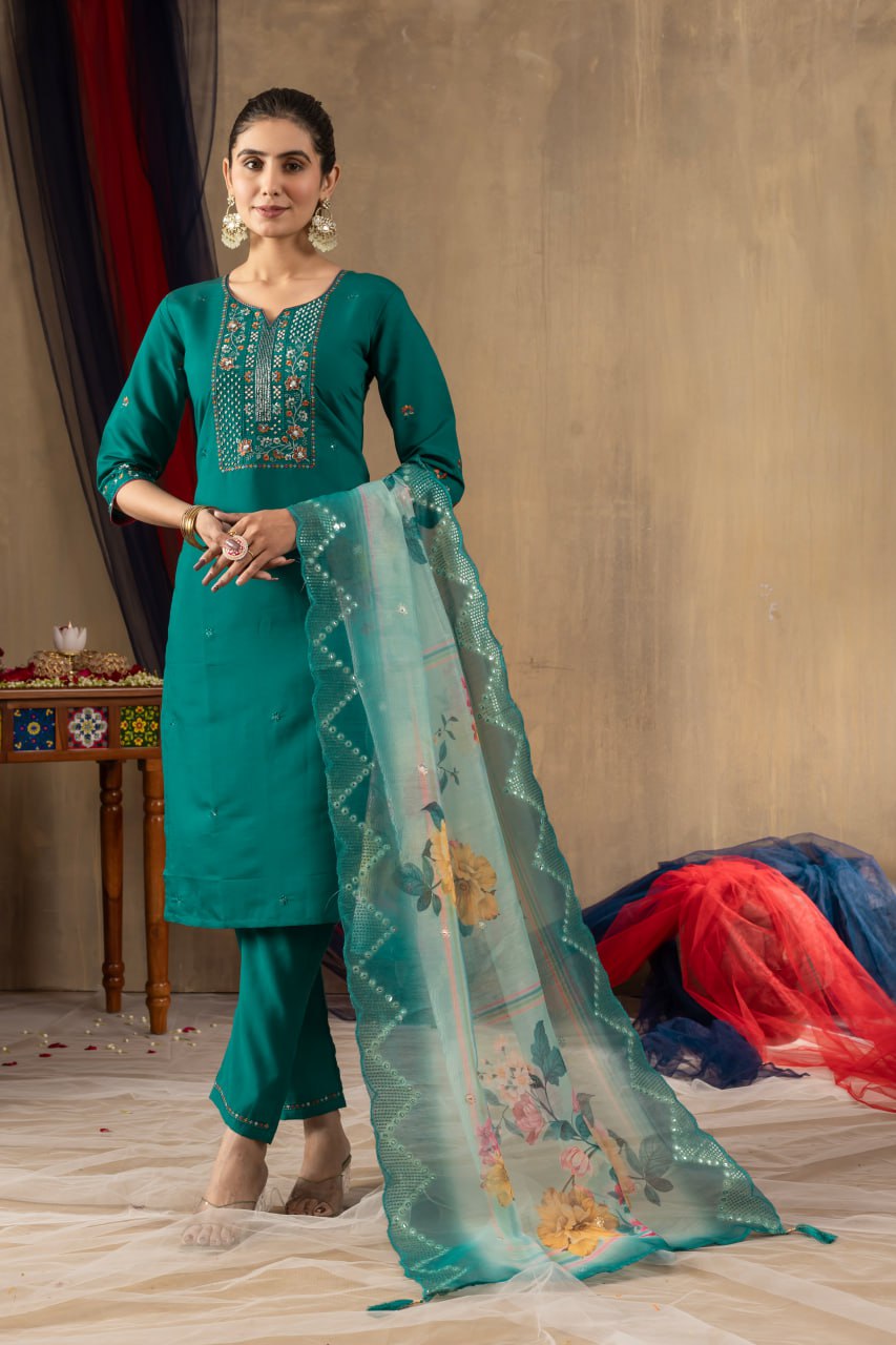 Elegant Embroidered Straight Kurti Pant Dupatta Set – GE04-03 | 4 Classic Colors
