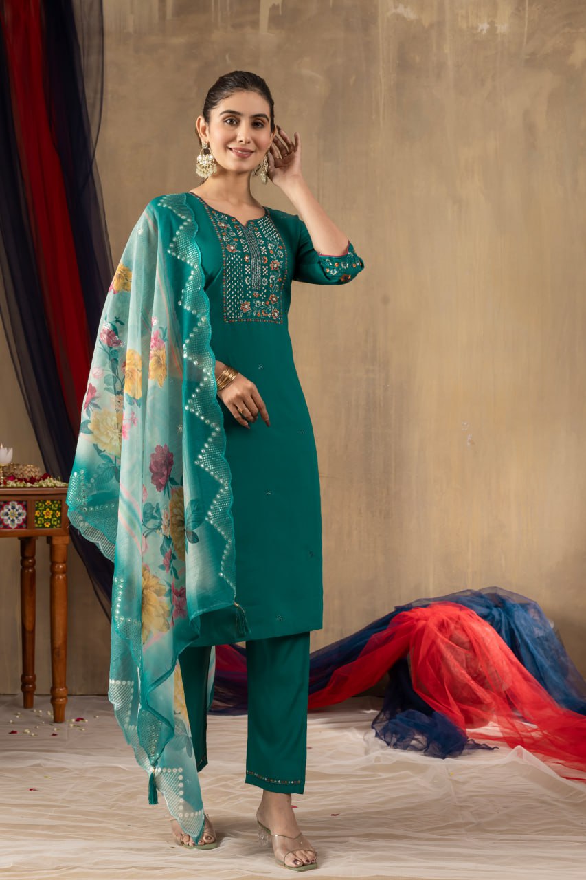 Elegant Embroidered Straight Kurti Pant Dupatta Set – GE04-03 | 4 Classic Colors
