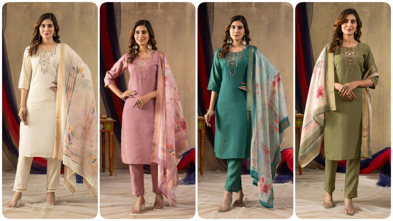Elegant Embroidered Straight Kurti Pant Dupatta Set – GE04-02 | 4 Graceful Colors