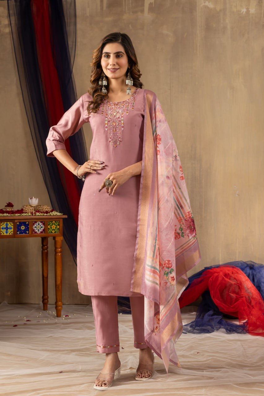 Elegant Embroidered Straight Kurti Pant Dupatta Set – GE04-02 | 4 Graceful Colors