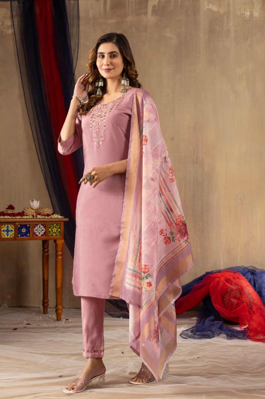 Elegant Embroidered Straight Kurti Pant Dupatta Set – GE04-02 | 4 Graceful Colors