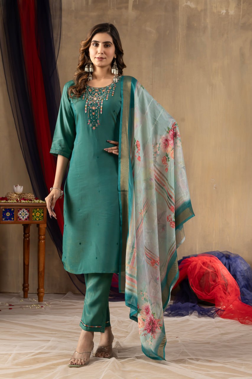 Elegant Embroidered Straight Kurti Pant Dupatta Set – GE04-02 | 4 Graceful Colors