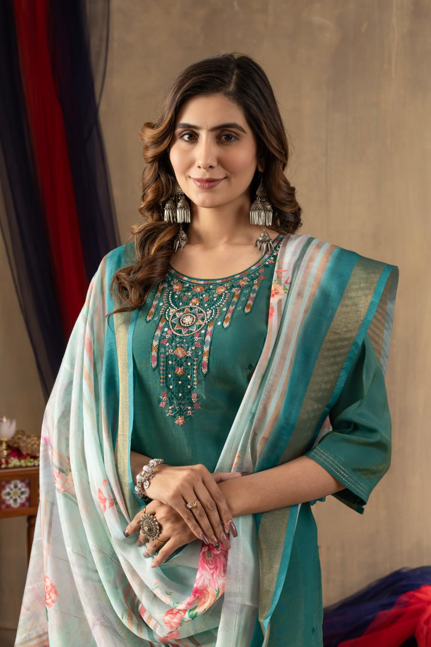 Elegant Embroidered Straight Kurti Pant Dupatta Set – GE04-02 | 4 Graceful Colors