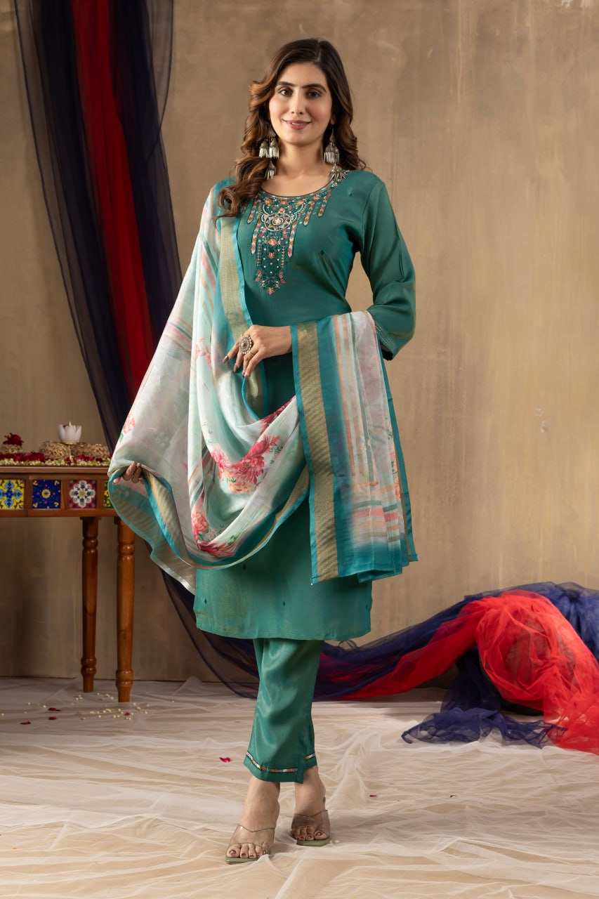 Elegant Embroidered Straight Kurti Pant Dupatta Set – GE04-02 | 4 Graceful Colors