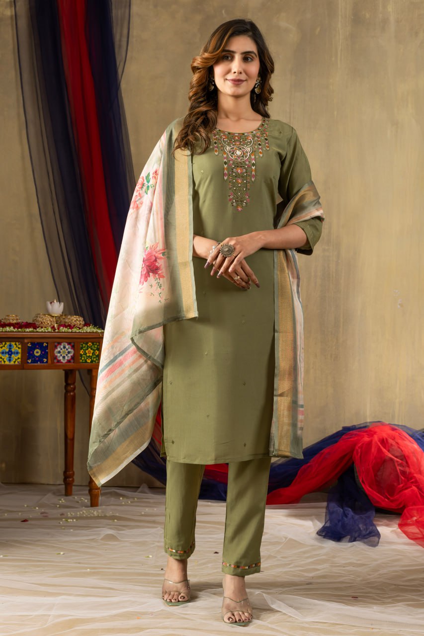 Elegant Embroidered Straight Kurti Pant Dupatta Set – GE04-02 | 4 Graceful Colors