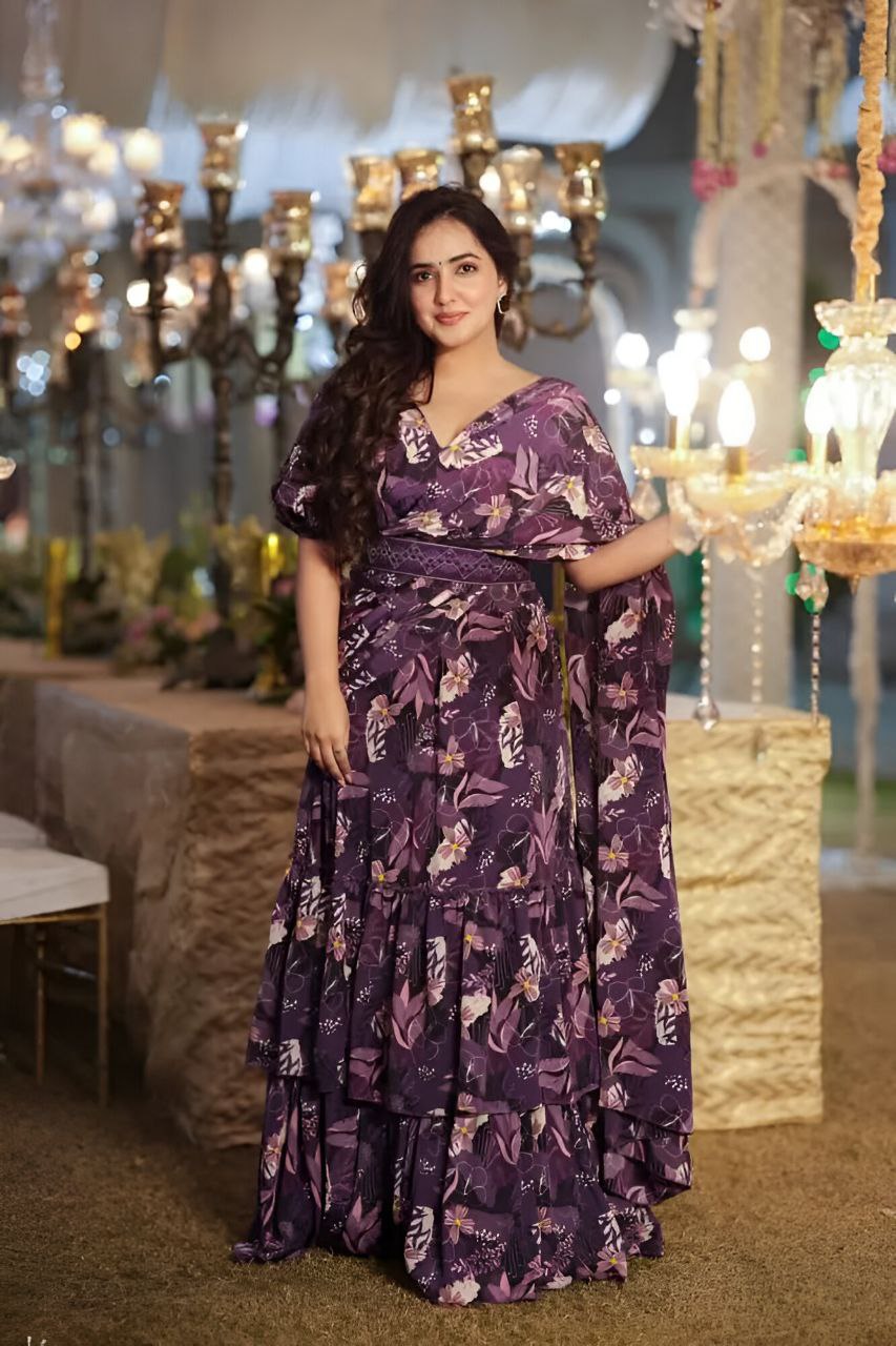 Faux Georgette Ruffle Lehenga Style Saree with Stitched Blouse