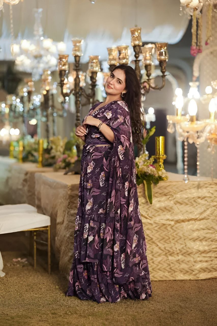 Faux Georgette Ruffle Lehenga Style Saree with Stitched Blouse