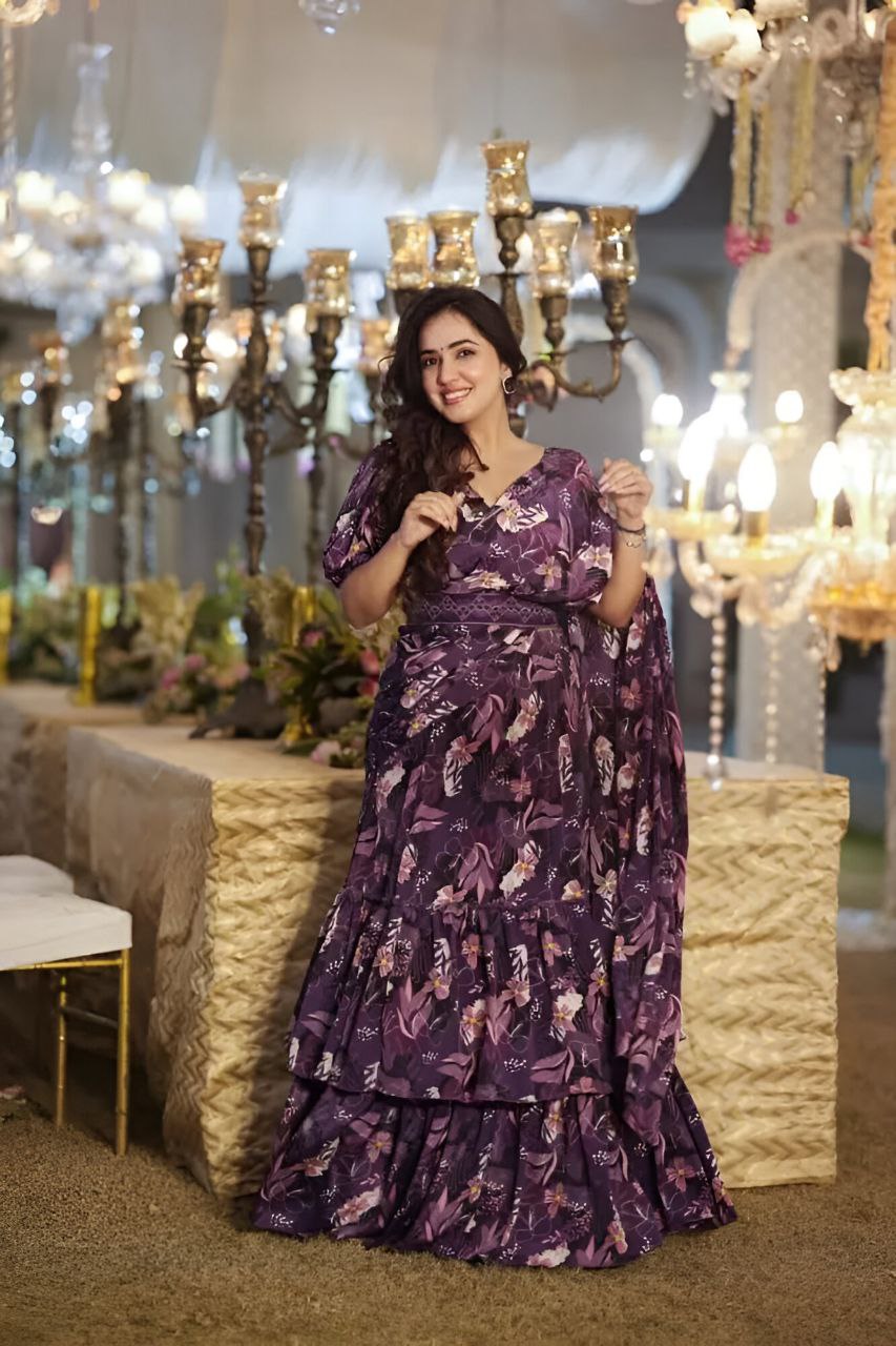 Faux Georgette Ruffle Lehenga Style Saree with Stitched Blouse