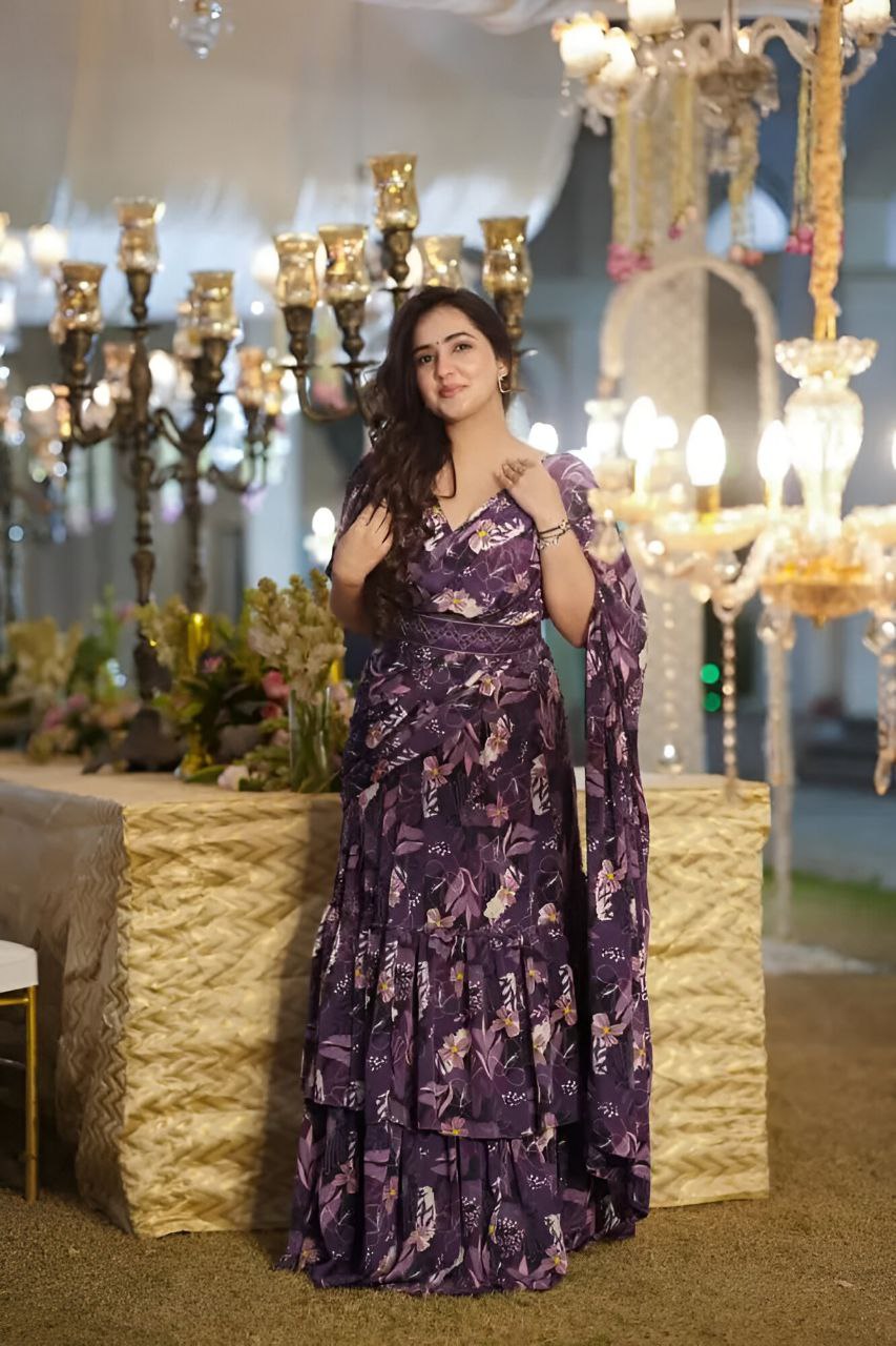 Faux Georgette Ruffle Lehenga Style Saree with Stitched Blouse