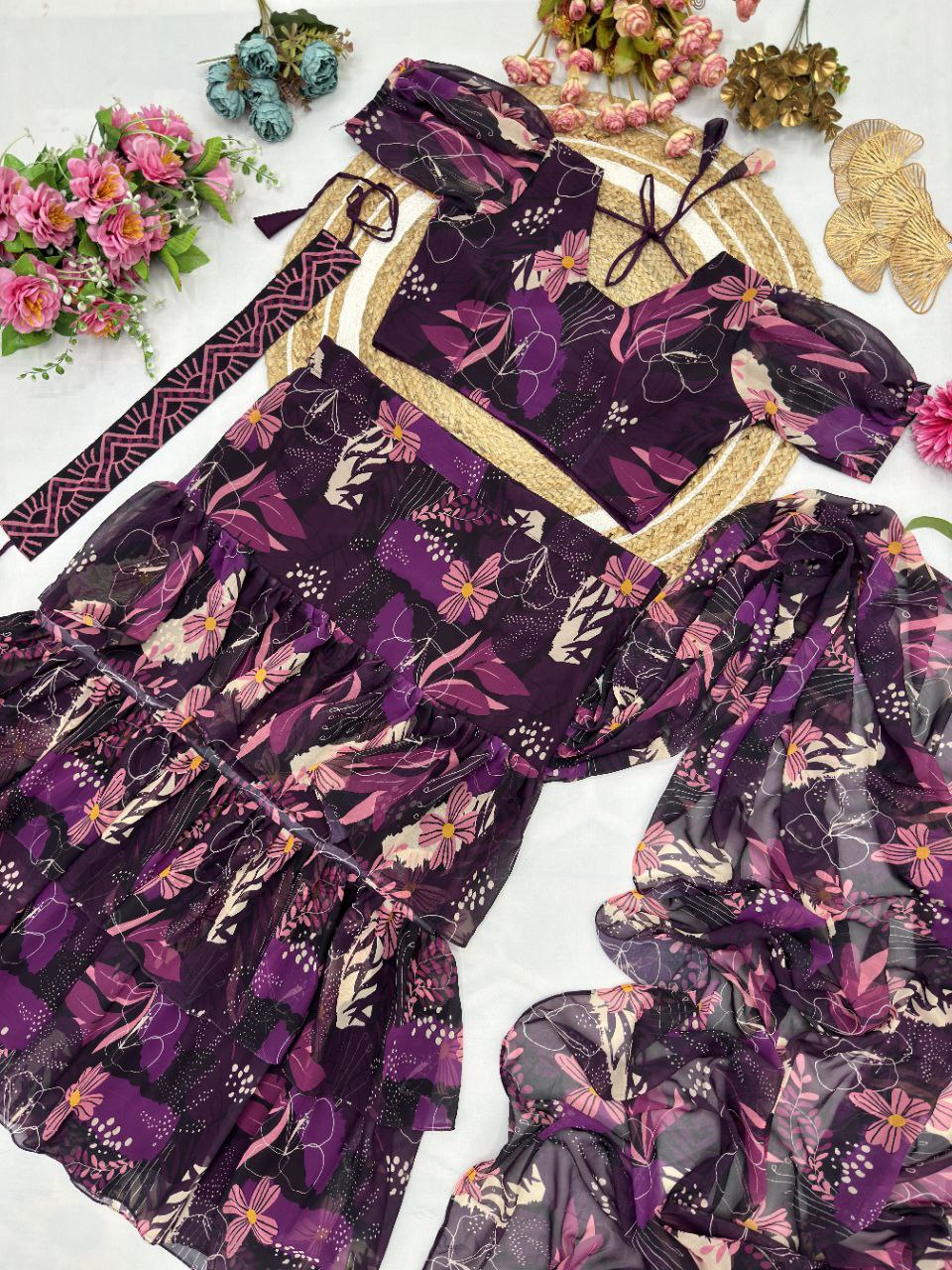 Faux Georgette Ruffle Lehenga Style Saree with Stitched Blouse