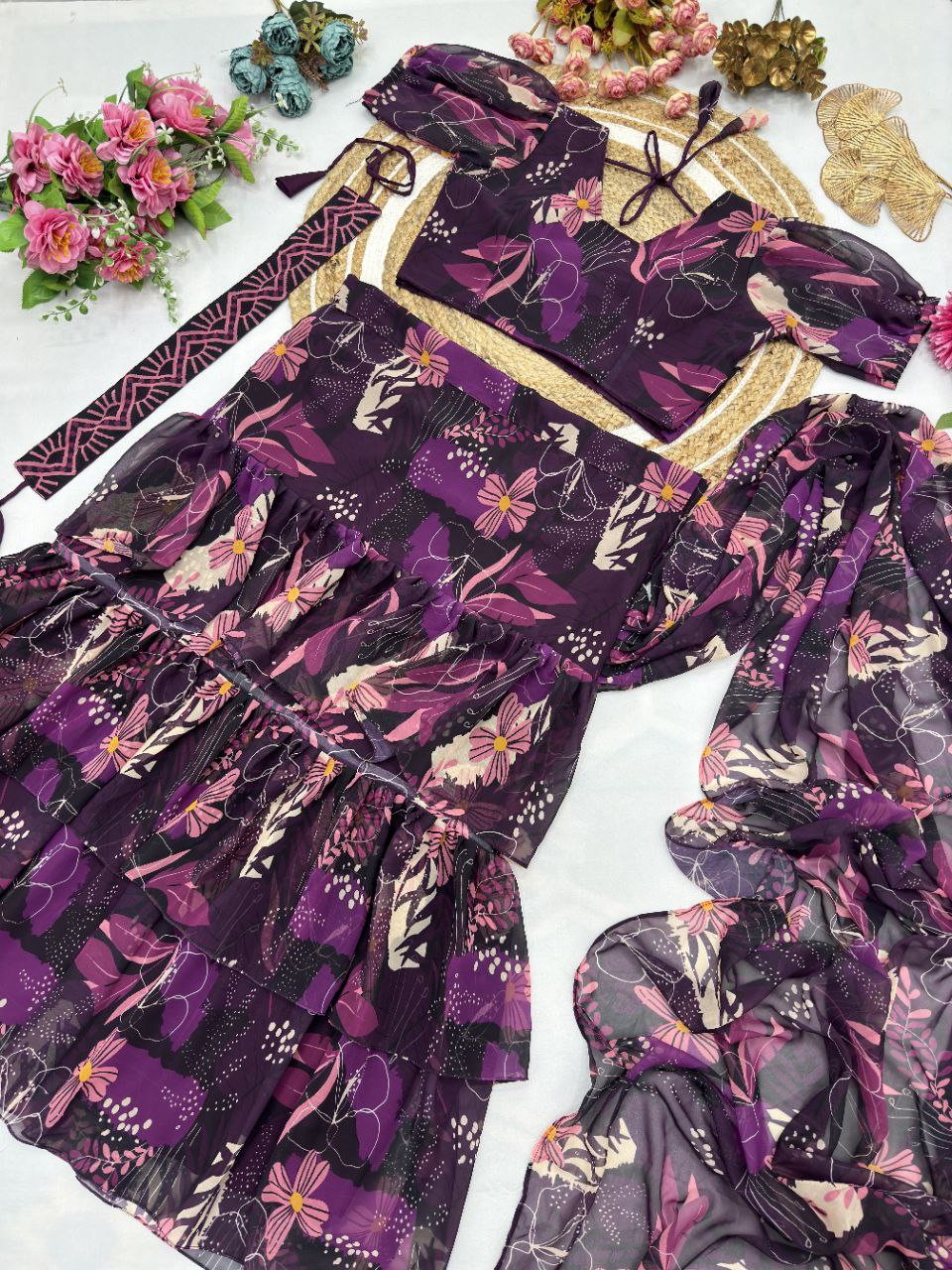Faux Georgette Ruffle Lehenga Style Saree with Stitched Blouse