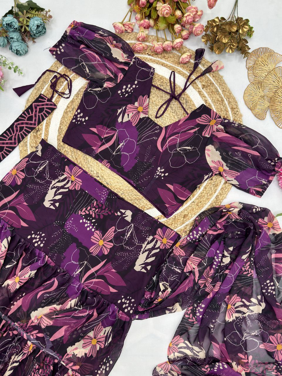 Faux Georgette Ruffle Lehenga Style Saree with Stitched Blouse