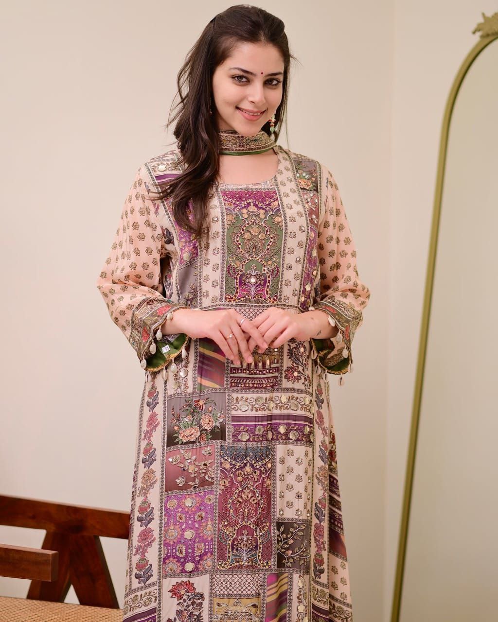 Jaypuri Designer Printed Top with Mirror Work, Plazzo & Dupatta
