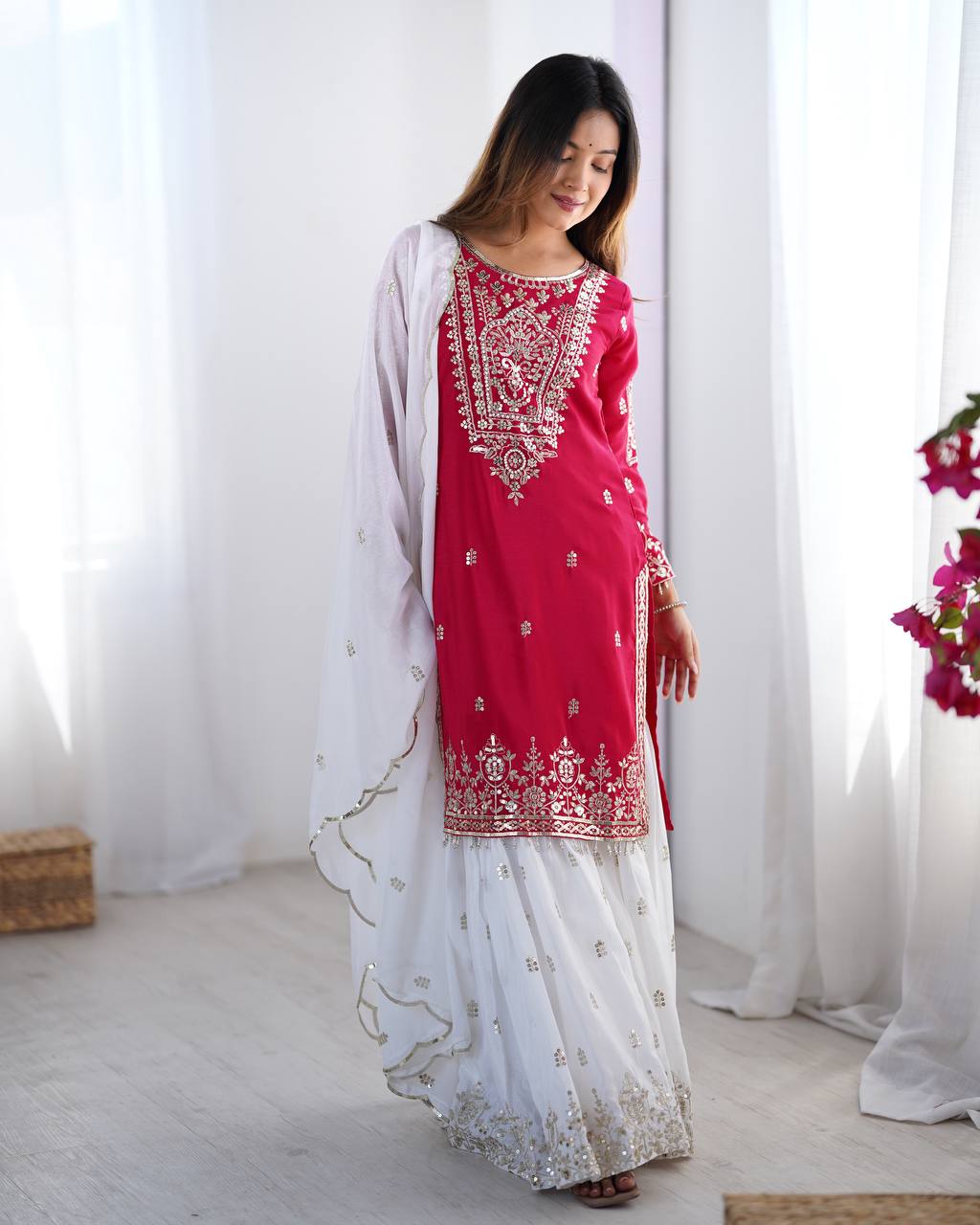 Designer Party Wear Chinnon Set (Top, Sharara Palazzo & Dupatta)