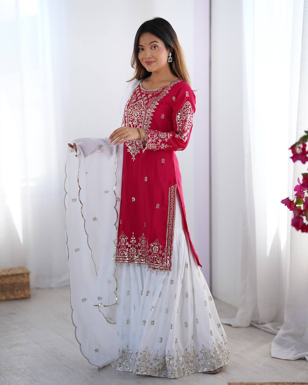 Designer Party Wear Chinnon Set (Top, Sharara Palazzo & Dupatta)