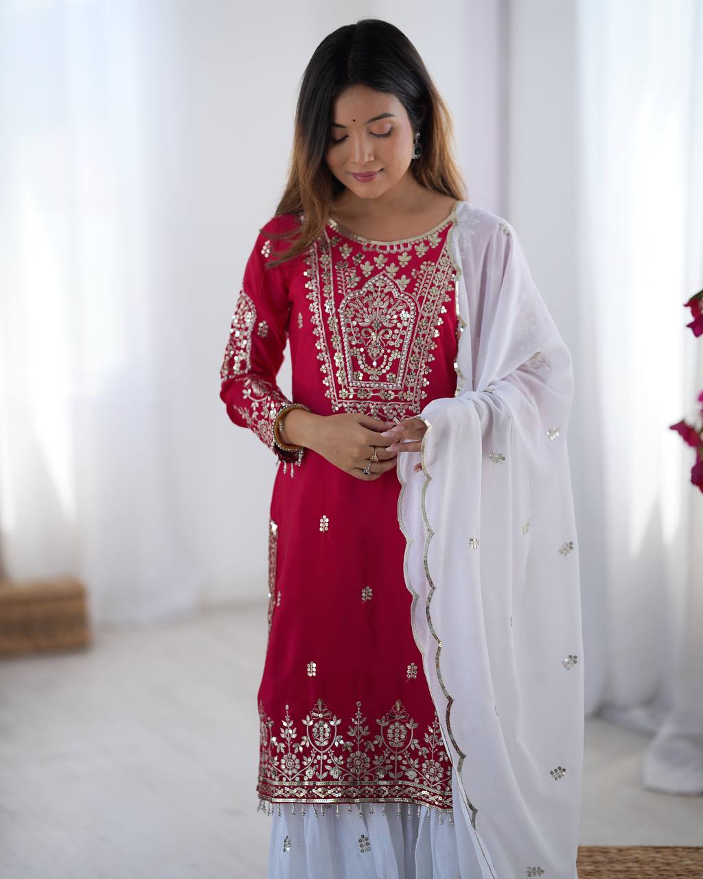 Designer Party Wear Chinnon Set (Top, Sharara Palazzo & Dupatta)