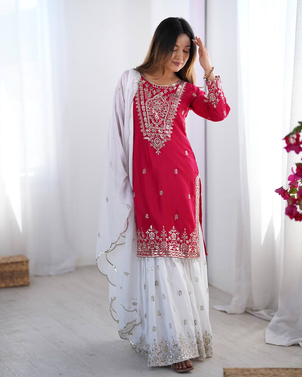 Designer Party Wear Chinnon Set (Top, Sharara Palazzo & Dupatta)