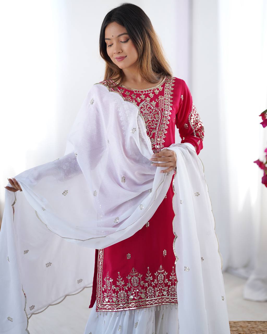 Designer Party Wear Chinnon Set (Top, Sharara Palazzo & Dupatta)