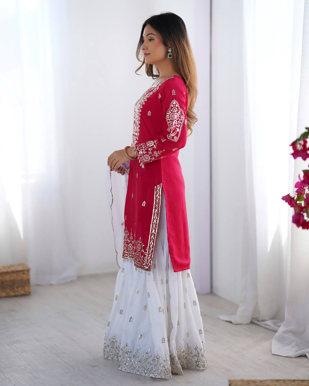 Designer Party Wear Chinnon Set (Top, Sharara Palazzo & Dupatta)