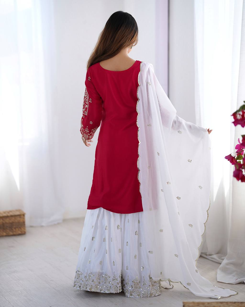 Designer Party Wear Chinnon Set (Top, Sharara Palazzo & Dupatta)
