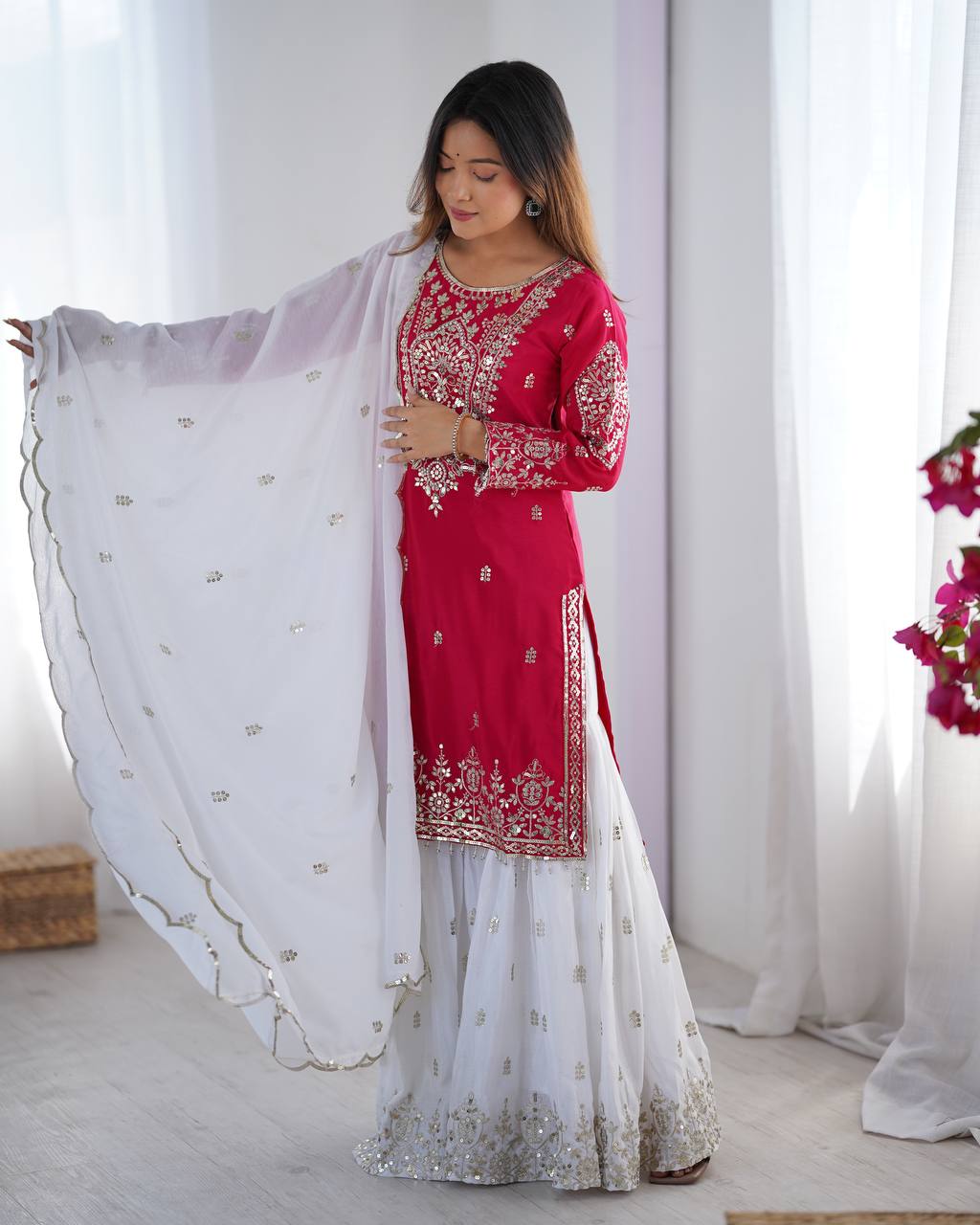 Designer Party Wear Chinnon Set (Top, Sharara Palazzo & Dupatta)