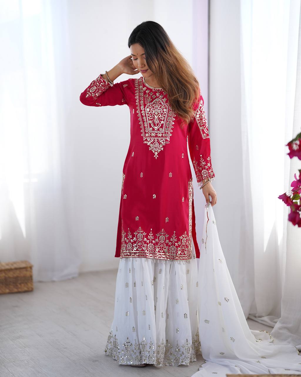 Designer Party Wear Chinnon Set (Top, Sharara Palazzo & Dupatta)