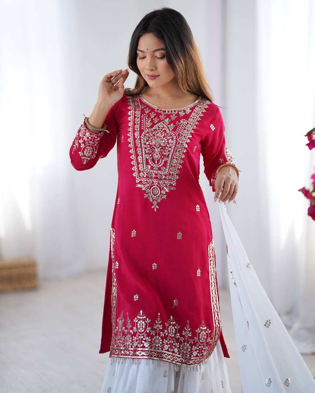 Designer Party Wear Chinnon Set (Top, Sharara Palazzo & Dupatta)
